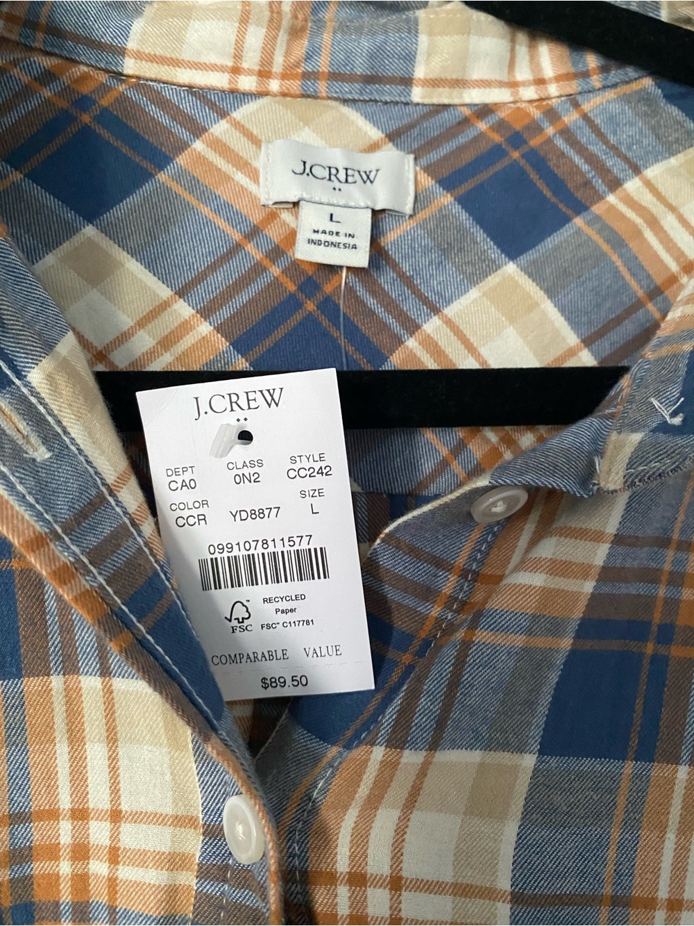 J. Crew womens Blue and Tan Plaid Button-Up Shirt large w tags! - Picture 2 of 3
